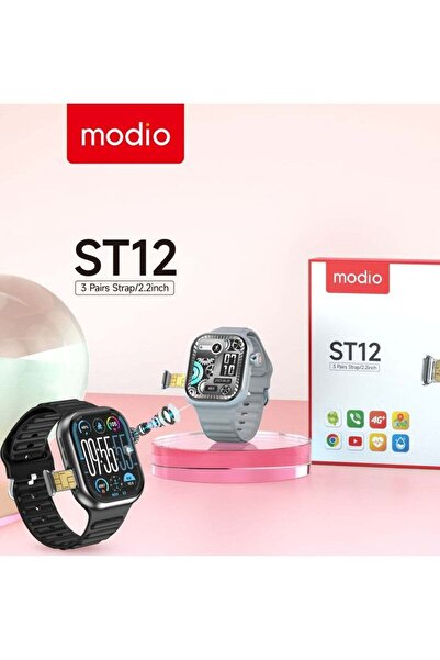 Modio ST12 Smart Watch – 2.2" Full Screen, 4G SIM, 3 Interchangeable Straps & Wireless Charger - B