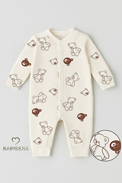 BABYDEN'S Ecru Color 100% Cotton Cuffed Leg Snap Fastener Baby Jumpsuit Teddy Bear Patterned Unisex Ribbed Rib Jumpsuit
