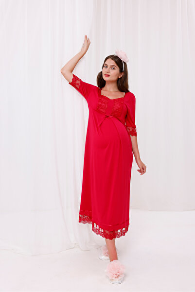 Yulem Homewear Cherry Sleeve and Collar Lace Design Maternity Nightgown