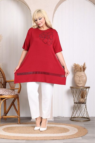 sinemisxxl Burgundy Lkrali Viscose Plus Size Short Sleeve Tunic