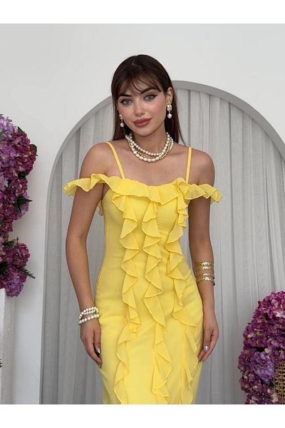 Julidress Lined Midi Length Premium Chiffon Dress with Strap Ruffle Detail