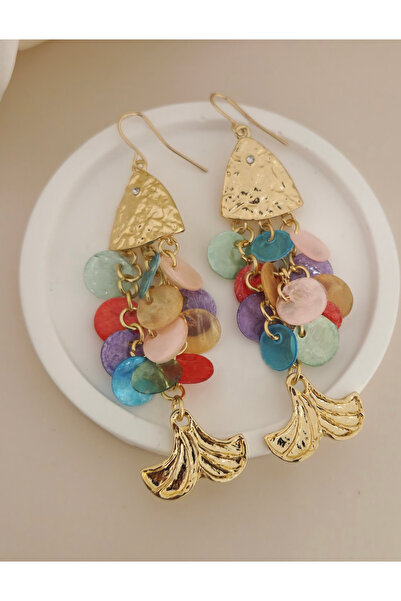 NISHPOINT Golden Fish Earrings with Colorful Puls Details