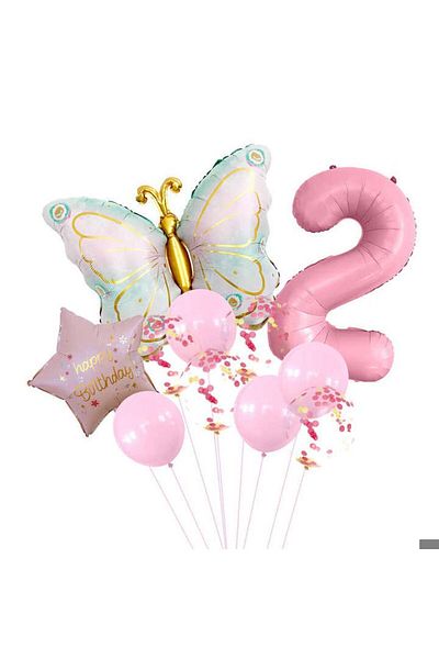 DÜVENCİ TİCARET Pink Butterfly Birthday Party Age Balloon Set