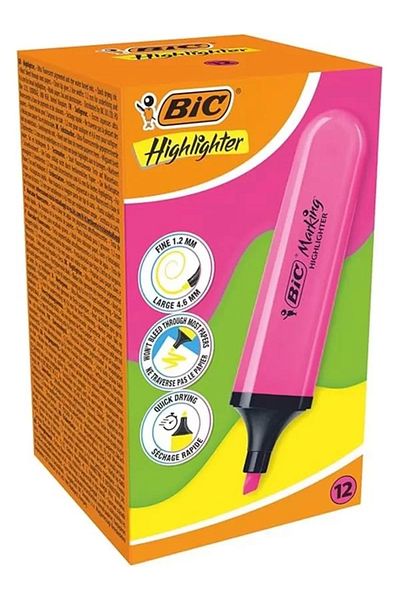 NZM TİCARET Marking Flat Higlighter Highlighter Pen Box of 12, Pink Highlighter, Water Based, Quick Drying