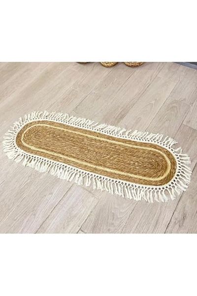 genric FFD Hand-Woven Oval Jute Area Rug - Eco-Friendly Natural Fiber Carpet with Tassels 118x35cm
