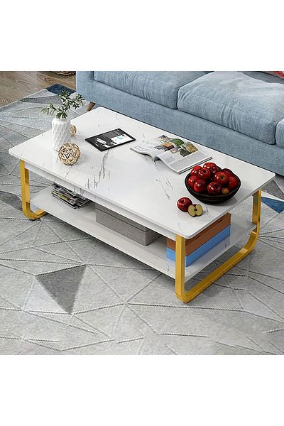 Türkiye Coffee Table, White Faux Marble Coffee Table for Living Room, Modern Center Table with Solid Metal F
