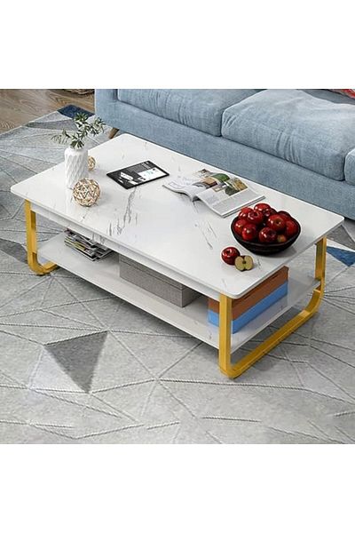 Türkiye Coffee Table, White Faux Marble Coffee Table for Living Room, Modern Center Table with Solid Metal F