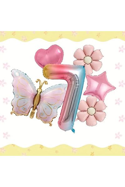 DÜVENCİ TİCARET Birthday Foil Balloon Set with Pink Butterfly, Daisy and Heart Balloons