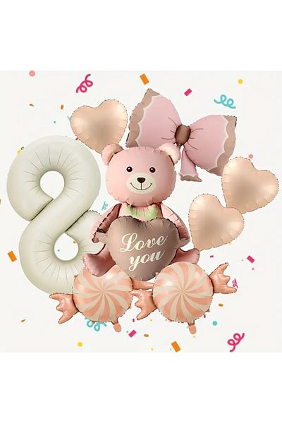 DÜVENCİ TİCARET Pink Ribbon Bear Balloon Set, Candy Heart Number Balloon