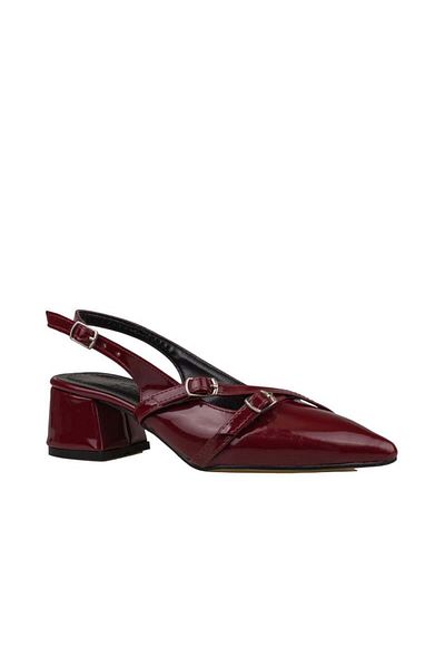 Trend Adımlar Burgundy Patent Leather Double Buckle Open Back Women's Classic Shoes