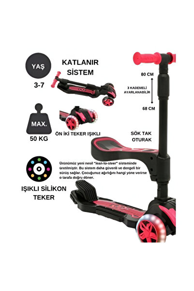 Magicway Oturaklı 3 Tekerlekli LED Işıklı, Katlanabilir Yükseklik Ayarlı Çocu...