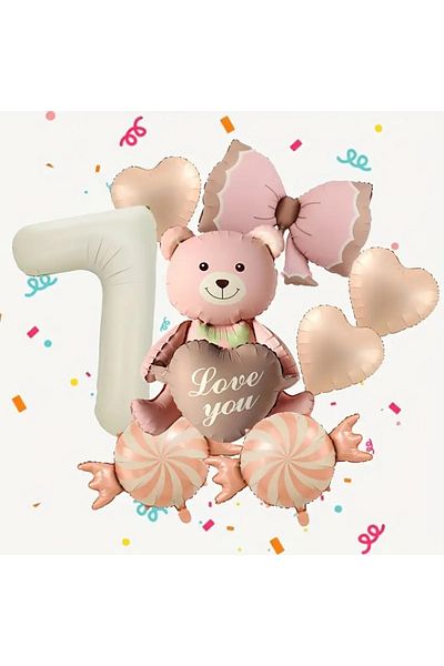 DÜVENCİ TİCARET Pink Ribbon Bear Balloon Set, Candy Heart Number Balloon