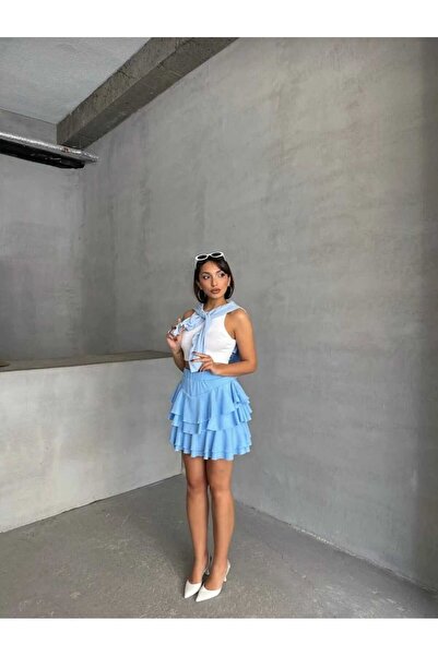 aytenli Pantaloni scurți cu volane, cu talie elastică, cu trei straturi, cu detaliu cu volane, fustă mini înfășurată