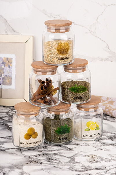 Minya Home طقم 6 قطع من برطمانات التوابل بسعة 300 مل مع غطاء خشبي طبيعي وملصق...