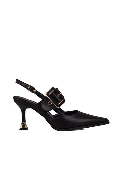 Trend Adımlar Black Faux Leather Belted Women's Classic Shoes