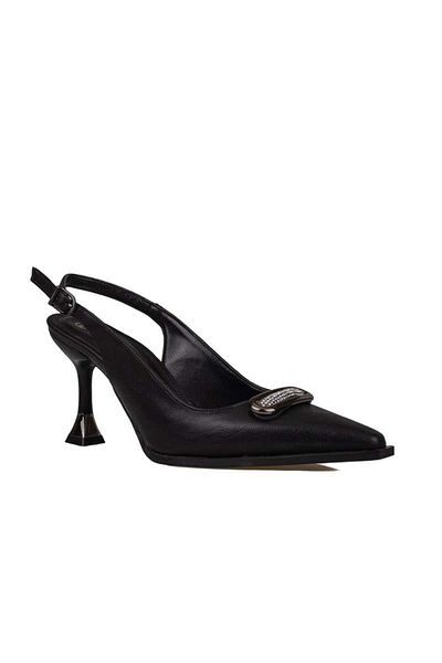 Trend Adımlar Black Leather Front Stone Embroidered Pointed Classic Shoes
