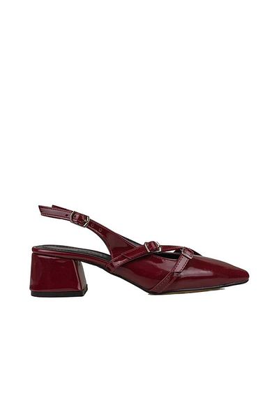 Trend Adımlar Burgundy Patent Leather Double Buckle Open Back Women's Classic Shoes