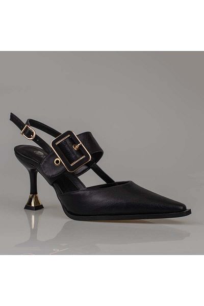 Trend Adımlar Black Faux Leather Belted Women's Classic Shoes