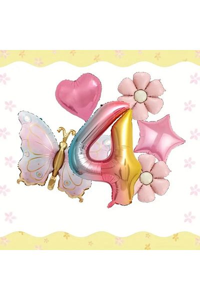 DÜVENCİ TİCARET Birthday Foil Balloon Set with Pink Butterfly, Daisy and Heart Balloons