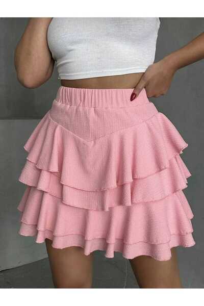 aytenli Ruffled Shorts, Elastic Waist, Three-Layer Ruffle Detailed Mini Wrap Skirt