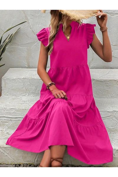 waymoda Way Moda Women's Short Sleeve V-Neck Wide Cut Long Tricot Dress , 25886