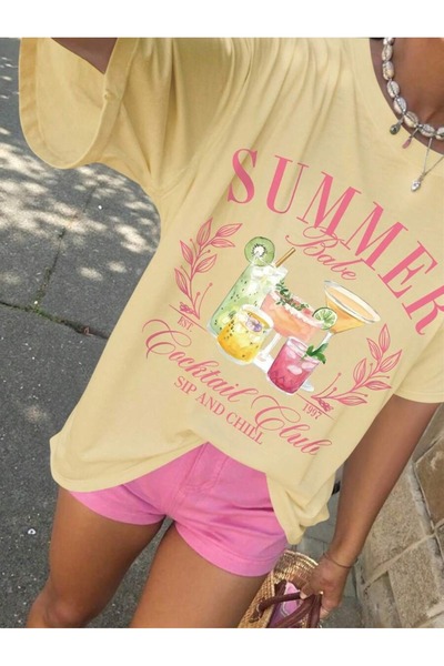 LAYORA Women's Oversize Summer T-Shirt - Summer Cocktail Printed |   Colorful and Fun Summer Style