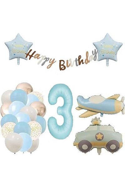 DÜVENCİ TİCARET Airplane Police Car Blue Age Balloon Retro Birthday Set