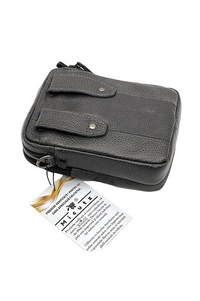 Micutz Dark Grey Men's Genuine Leather Handbag: Belt Closure, Removable Shoulder Straps