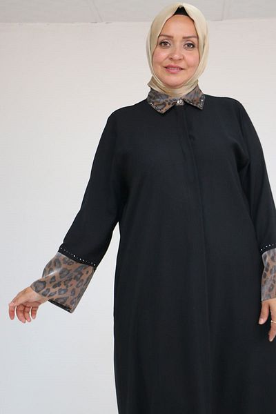 Eslina 56005 Μεγάλο μέγεθος με γαρνιτούρα μανίκι Etamin Abaya Ferace - Μαύρο