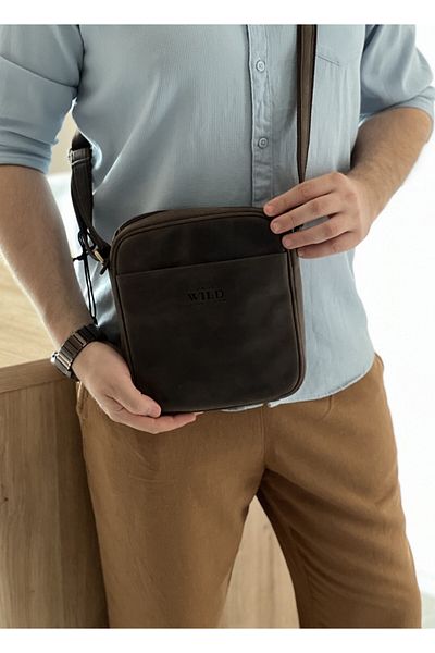 Micutz Always Wild men's shoulder bag: Natural leather, double strap, 22x24x5 cm, Dark Brown color