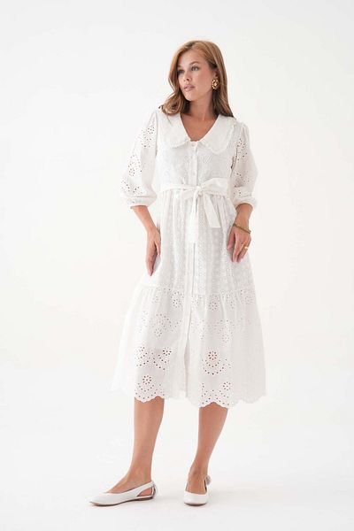 Perryes Vintage Scalloped Judge Collar Belted White Dress