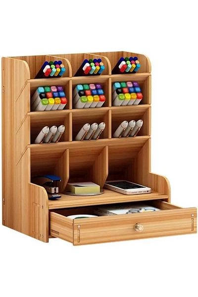 Mu Art Ahşap Wooden Desk Organizer, Multifunctional Drawer, Writing Supplies, Desk Storage