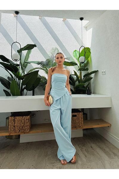 Bak'ap Premium Cotton Asymmetrical Strapless Blouse Wide Leg Pants 2 Piece Set