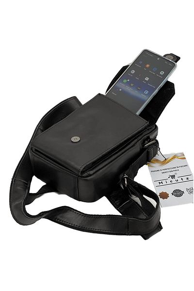Micutz Men's bag, Black genuine leather, Adjustable Leather Shoulder Strap, 20x12x7 cm, Black Color