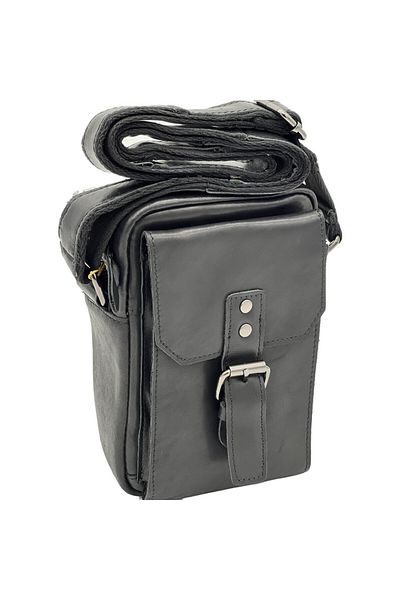 Micutz Men's bag, Black genuine leather, Adjustable Leather Shoulder Strap, 20x12x7 cm, Black Color