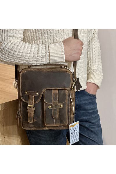 Micutz Men's Shoulder Bag Hunter Legacy, Genuine Hunting Leather, HandMade, 25x28x7 cm, Brown Color