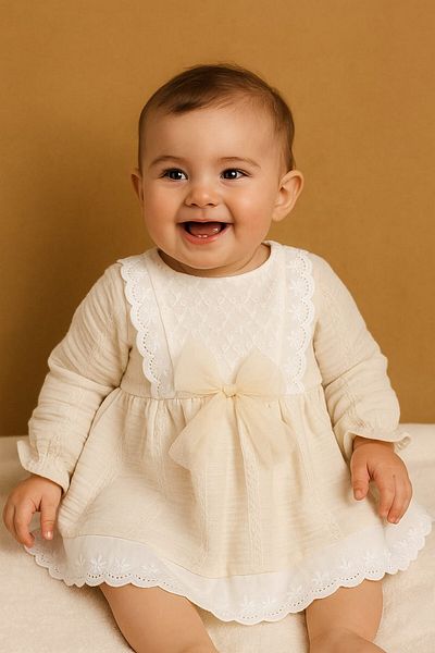 dinamik çocuk Baby Girl Lace Detailed Dress Tulle Bow Long Sleeve Seasonal 3-6-9-12-18-24Months