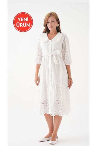 Perryes Vintage Scalloped Judge Collar Belted White Dress
