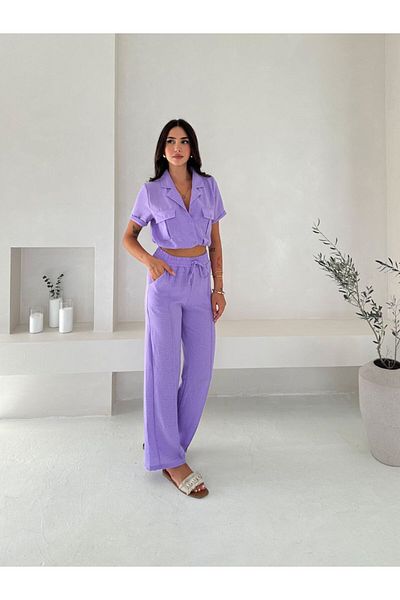 WellWay Imported Linen Fabric Yarn Detailed Crop Shirt & Trousers Double Set - Lilac