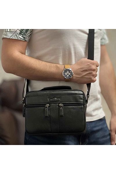 Micutz Ruff Ryder Men's Rectangular Shoulder Bag, Genuine Cowhide Leather, 25x18x7 cm, Black