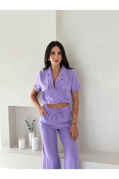 WellWay Imported Linen Fabric Yarn Detailed Crop Shirt & Trousers Double Set - Lilac
