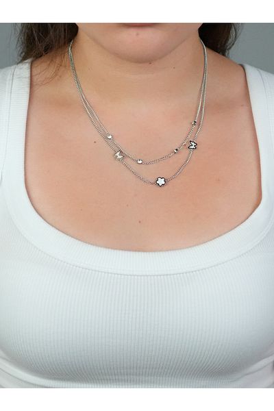 Sumen Butik Double Steel Necklace with Star and Butterfly Figures