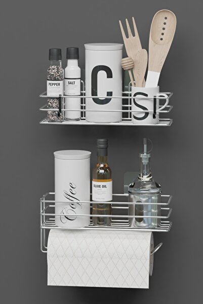 Hill Homes Krom Gümüş Yapışkanlı Baharatlık 2 Li Metal Kağıt Havluluk Baharat Standı Mutfak Rafı