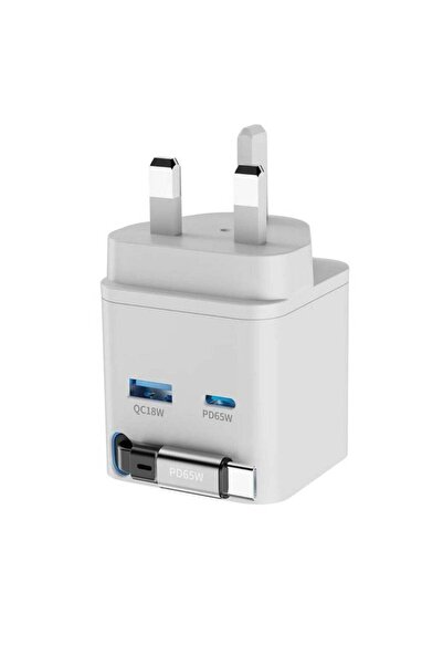 Powerology شاحن GaN قابل للسحب بمنفذين، توصيل طاقة 65 وات، كابل Type-C قابل ل...