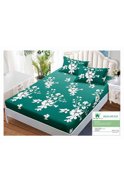 FIONNA.RO Duvet Cover with Elastic and Pillowcases 140x200cm - Green with White Flowers