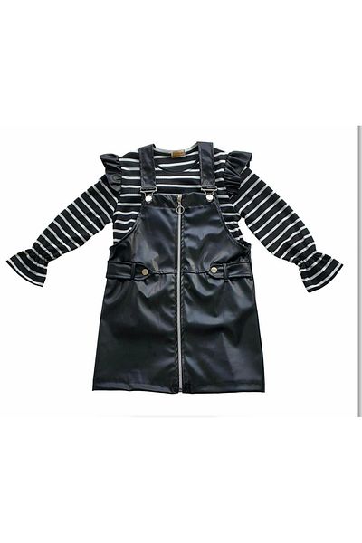 Kamex Girl's Striped T-Shirt Leather Salopet Set of 2