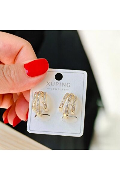 XUPING JEWELRY TuelaTaki 14K Zirkon Taş Süslemeli İnci Detaylı üçlü Görünüm Çelik Küpe