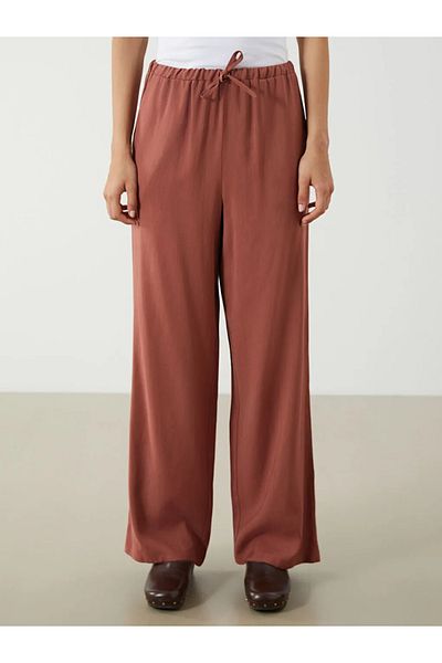 LC Waikiki Lcw modest brown elastic waist linen blend women's pants
