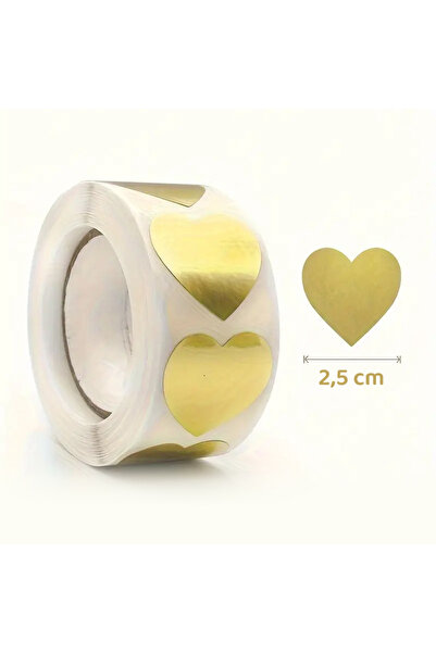 hdcw 500 ADET 2,5 cm RULO YAPIŞKANLI ALTIN YALDIZ BASKILI KALP STICKER ETİKET HEDİYE PAKETLEME