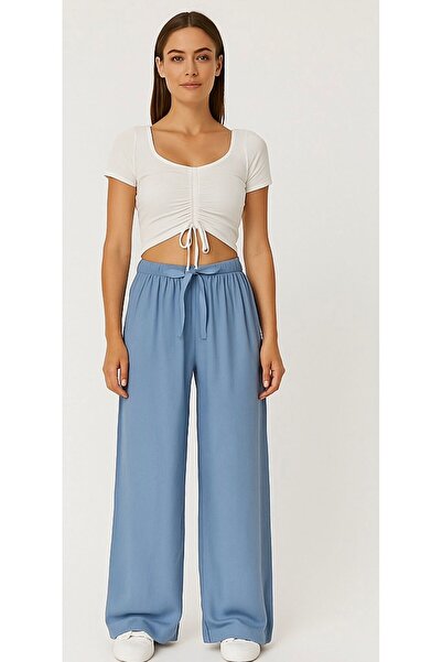 SheLoria بنطلون نسائي من الفسكوز بحزام نيلي وخصر مطاطي ومريح